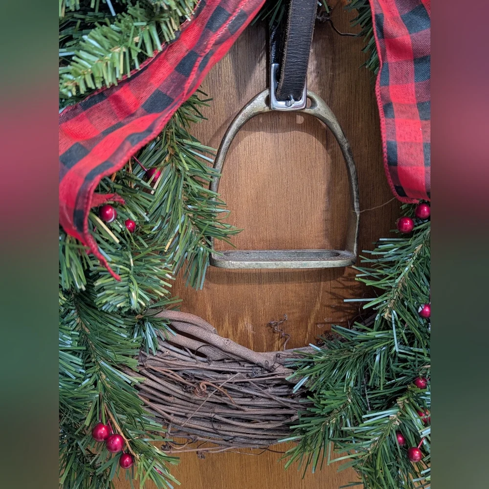 Rustic Equestrian Stirrup Holiday Wreath with Red Plaid Bow